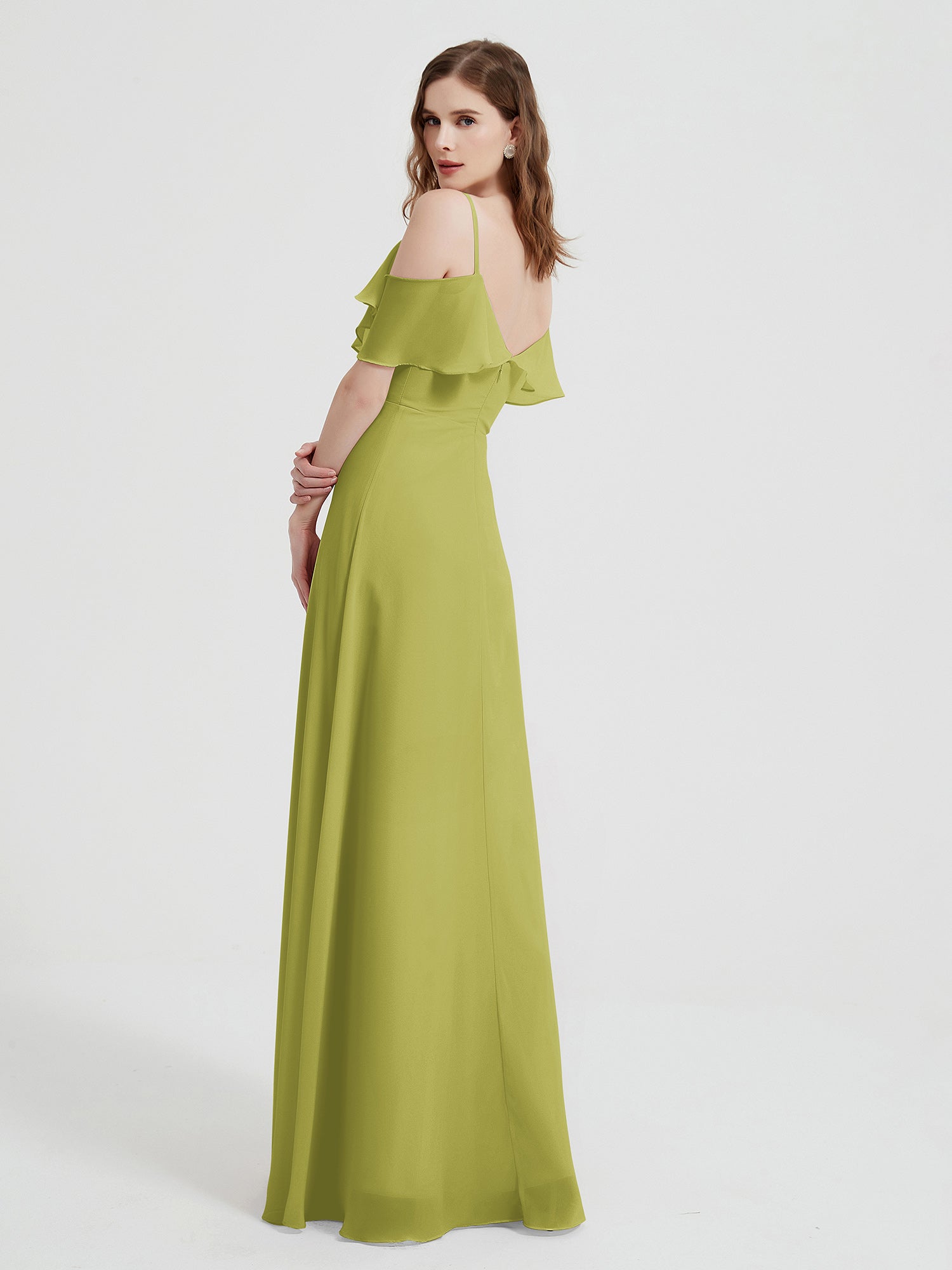 Spaghetti Straps V-neck Chiffon Long Dresses-Clover